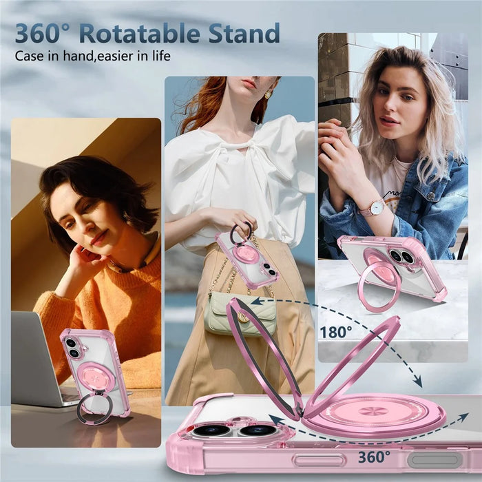 For iPhone 17 Case Compatible with MagSafe Rotating Kickstand PC + TPU Back Cover - Transparent Pink - 5