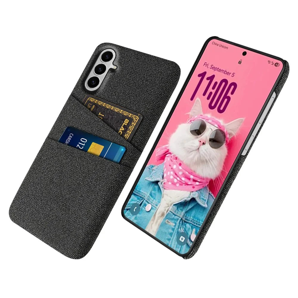 For Samsung Galaxy S26 Case Cloth + Hard PC Phone Cover with Dual Card Slots - Black - 1