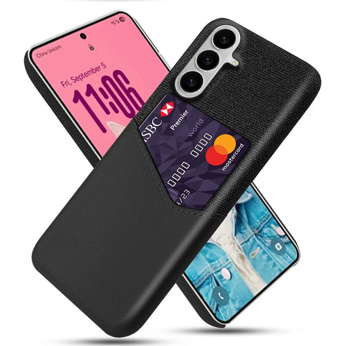 For Samsung Galaxy S26 Case PU Leather Cloth Texture Hard PC Phone Cover with Card Holder - Black - 1