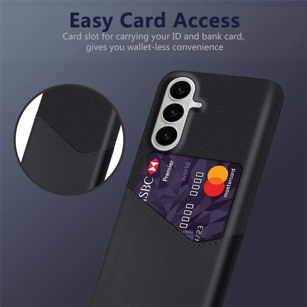 For Samsung Galaxy S26 Case PU Leather Cloth Texture Hard PC Phone Cover with Card Holder - Black - 3