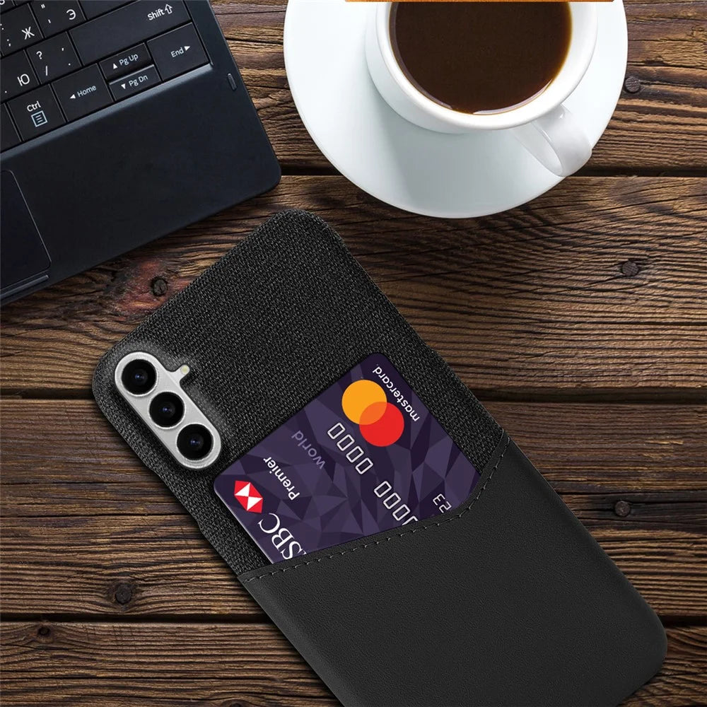 For Samsung Galaxy S26 Case PU Leather Cloth Texture Hard PC Phone Cover with Card Holder - Black - 4
