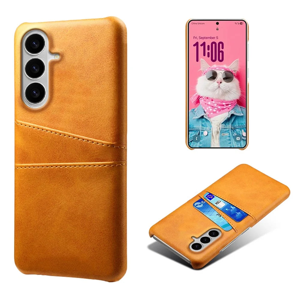 For Samsung Galaxy S26 Case Dual Card Slots PU Leather + Hard PC Phone Cover - Orange - 1