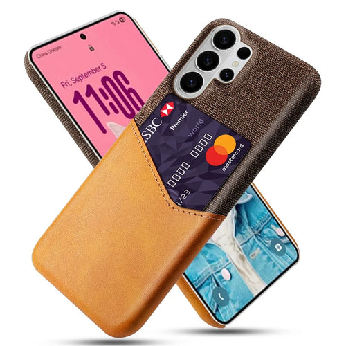 For Samsung Galaxy S26 Ultra Case PU Leather Cloth Texture Hard PC Phone Cover with Card Holder - Orange - 1