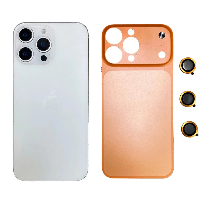 For iPhone 14 Pro Max Metal Case Transfer to 17 Pro Max Phone Cover with Camera Lens Protector - Orange - 1
