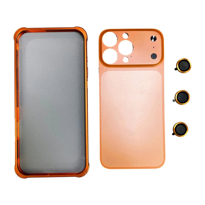 For iPhone 14 Pro Max Metal Case Transfer to 17 Pro Max Phone Cover with Camera Lens Protector - Orange - 2