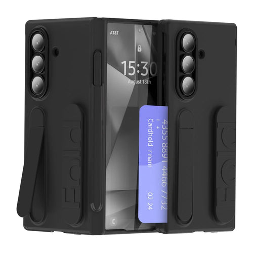 For Samsung Galaxy Z Fold7 5G Case Card Holder Kickstand Wristband PC Phone Cover with Stylus / Pen Slot - Black - 1
