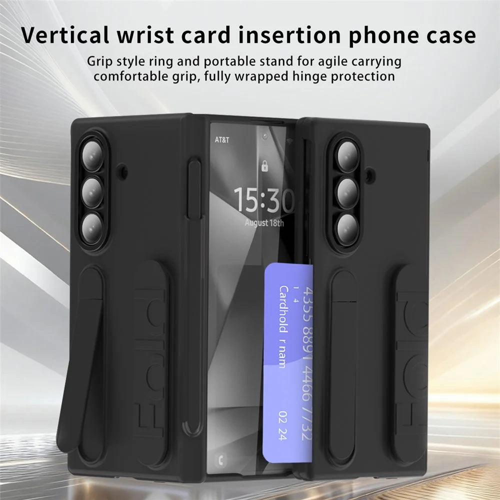 For Samsung Galaxy Z Fold7 5G Case Card Holder Kickstand Wristband PC Phone Cover with Stylus / Pen Slot - Black - 2