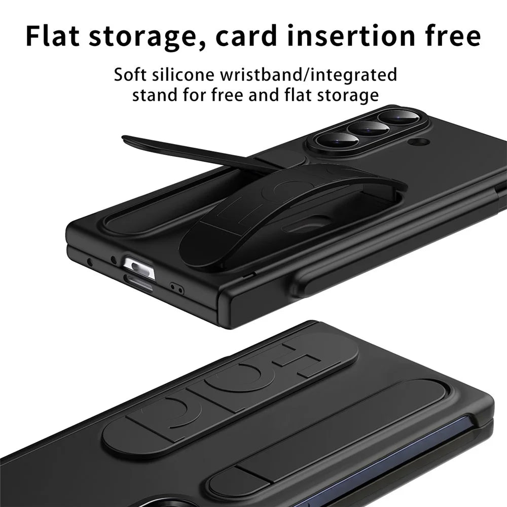 For Samsung Galaxy Z Fold7 5G Case Card Holder Kickstand Wristband PC Phone Cover with Stylus / Pen Slot - Black - 3