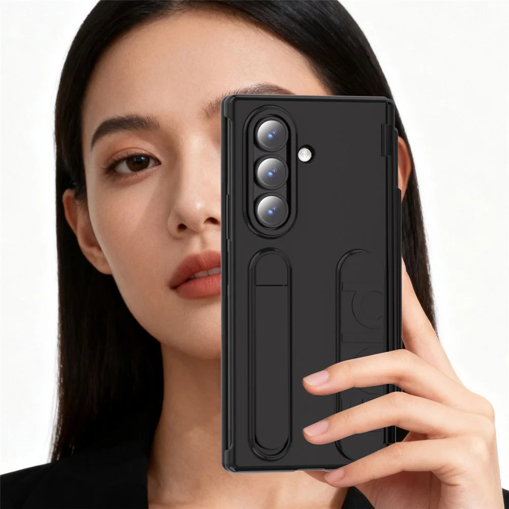 For Samsung Galaxy Z Fold7 5G Case Card Holder Kickstand Wristband PC Phone Cover with Stylus / Pen Slot - Black - 4