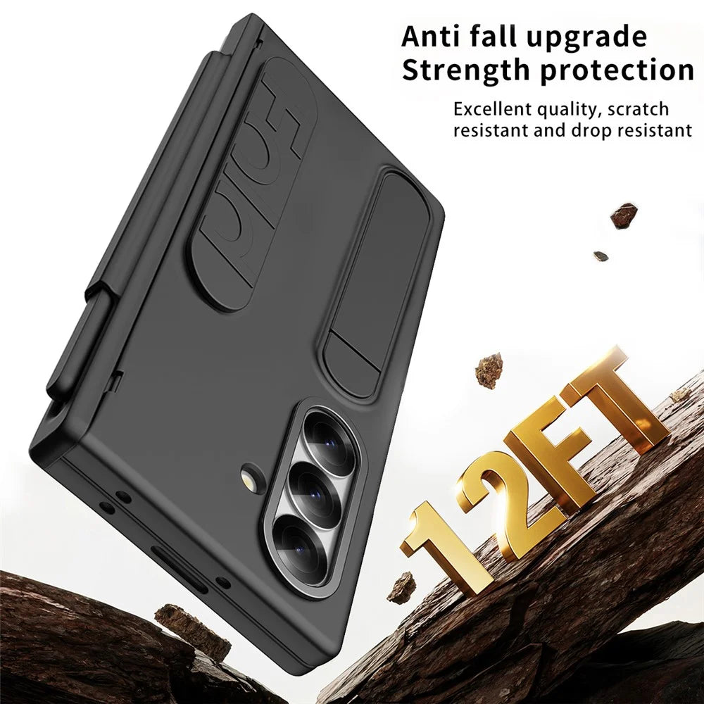 For Samsung Galaxy Z Fold7 5G Case Card Holder Kickstand Wristband PC Phone Cover with Stylus / Pen Slot - Black - 6