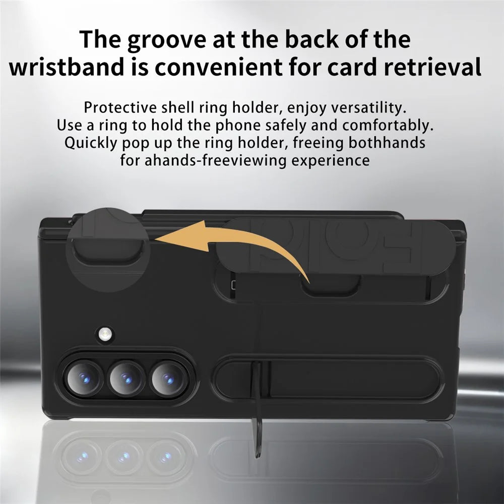 For Samsung Galaxy Z Fold7 5G Case Card Holder Kickstand Wristband PC Phone Cover with Stylus / Pen Slot - Black - 7