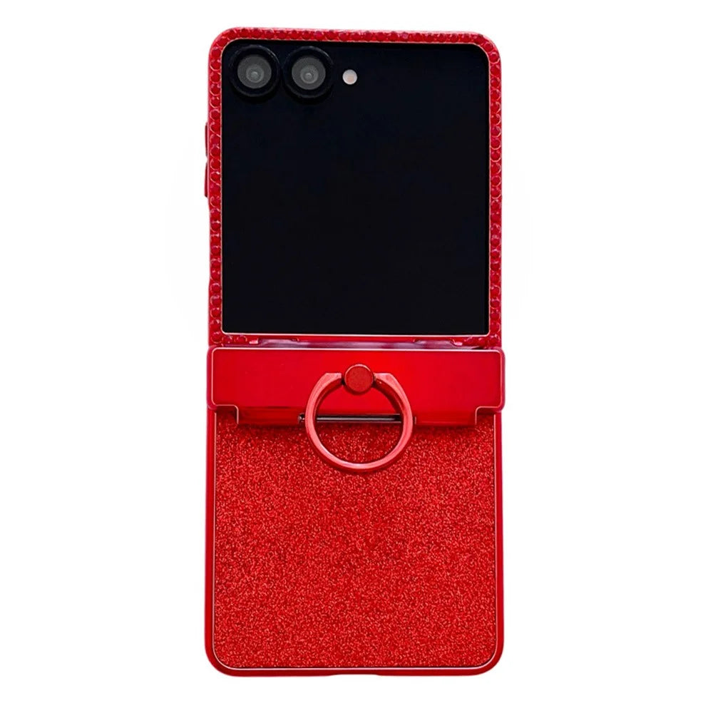 For Samsung Galaxy Z Flip7 5G Case Shiny Glitter Ring Holder PC Phone Cover with Tempered Glass Rear Screen Film - 1
