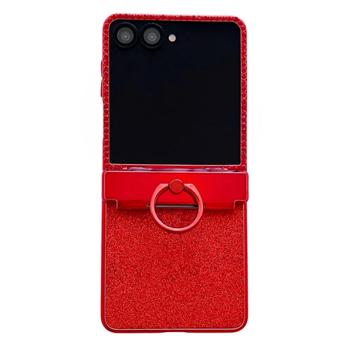 For Samsung Galaxy Z Flip7 5G Case Shiny Glitter Ring Holder PC Phone Cover with Tempered Glass Rear Screen Film - 1