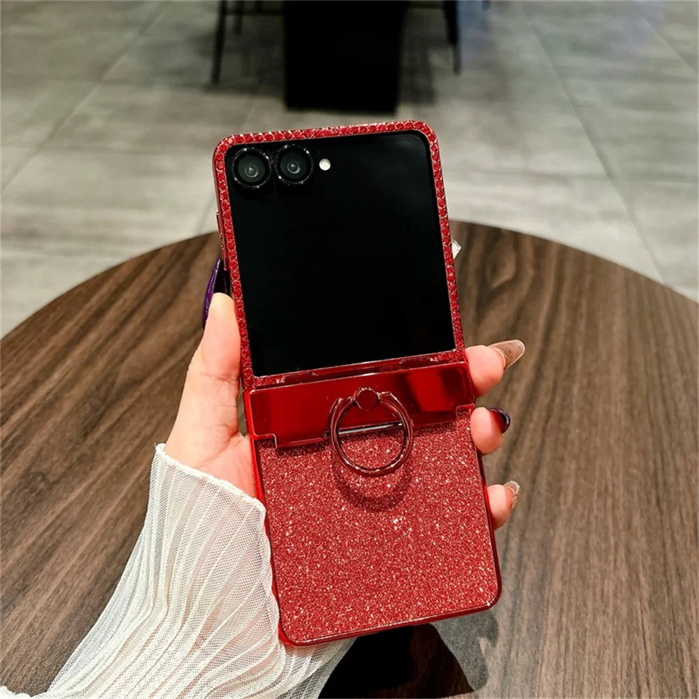 For Samsung Galaxy Z Flip7 5G Case Shiny Glitter Ring Holder PC Phone Cover with Tempered Glass Rear Screen Film - 2