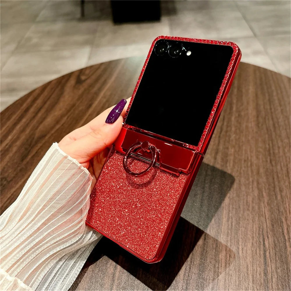 For Samsung Galaxy Z Flip7 5G Case Shiny Glitter Ring Holder PC Phone Cover with Tempered Glass Rear Screen Film - 3