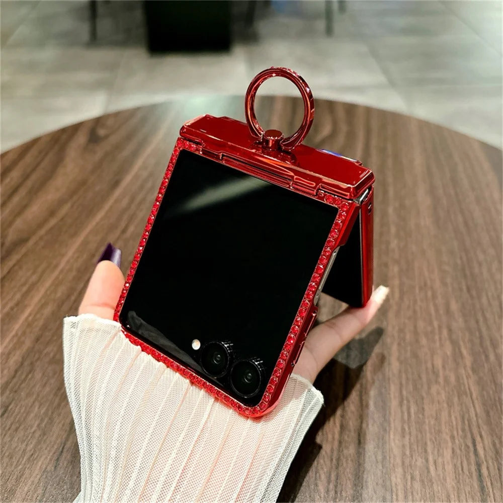 For Samsung Galaxy Z Flip7 5G Case Shiny Glitter Ring Holder PC Phone Cover with Tempered Glass Rear Screen Film - 5