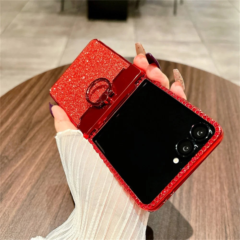For Samsung Galaxy Z Flip7 5G Case Shiny Glitter Ring Holder PC Phone Cover with Tempered Glass Rear Screen Film - 6