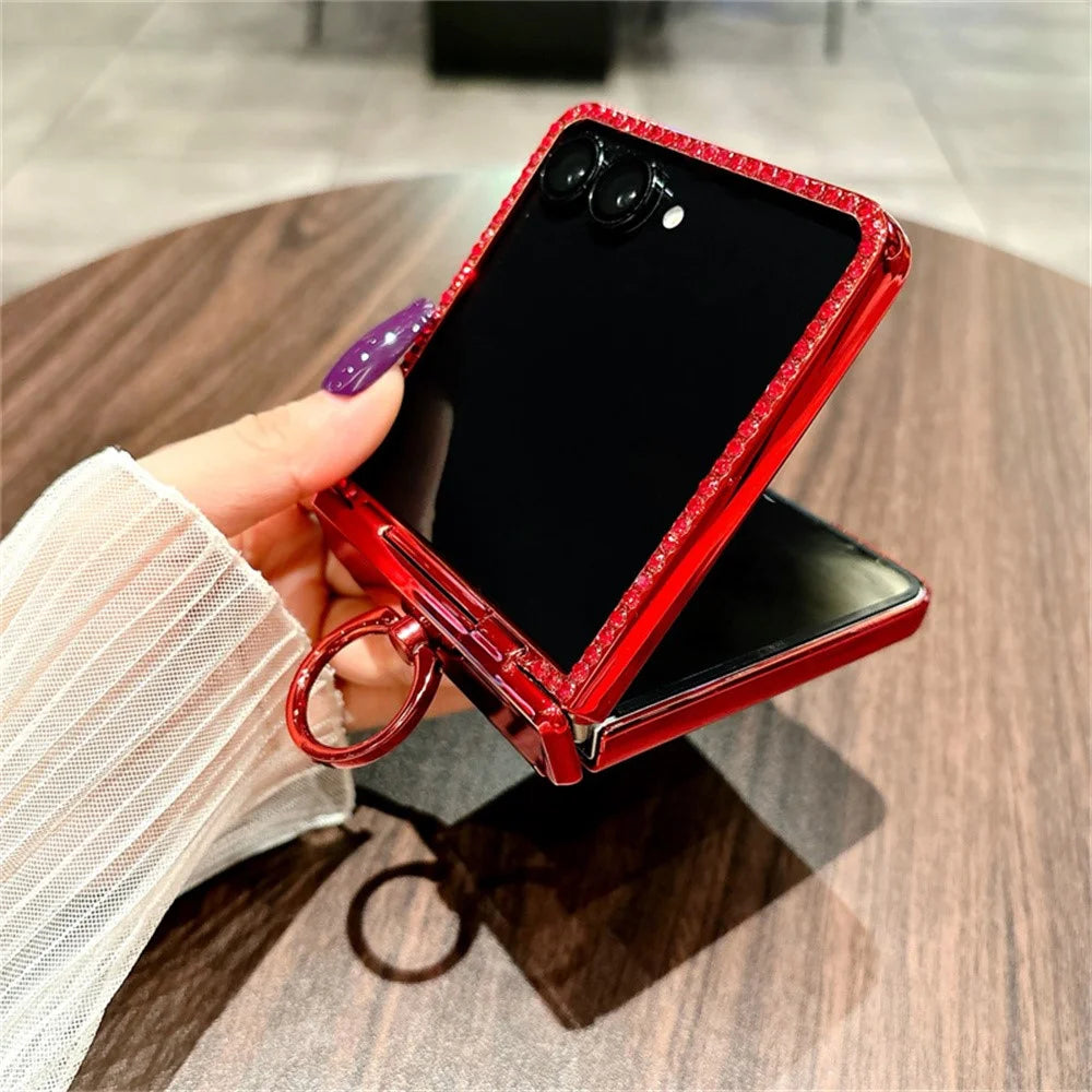 For Samsung Galaxy Z Flip7 5G Case Shiny Glitter Ring Holder PC Phone Cover with Tempered Glass Rear Screen Film - 7