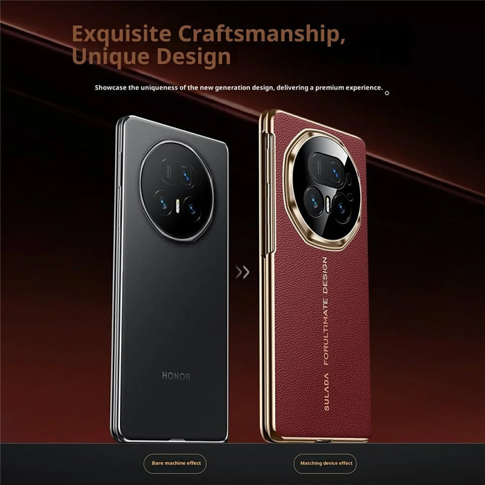 SULADA For Honor Magic V5 5G Magnetic Case Genuine Cow Leather Phone Cover with Tempered Glass Screen Protector - Black - 4