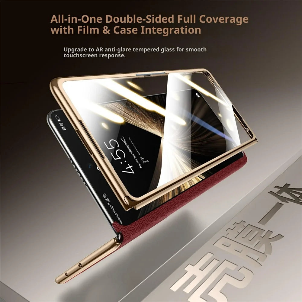 SULADA For Honor Magic V5 5G Magnetic Case Genuine Cow Leather Phone Cover with Tempered Glass Screen Protector - Black - 5