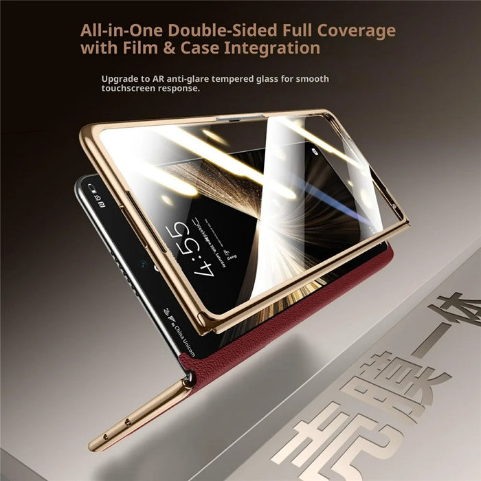 SULADA For Honor Magic V5 5G Magnetic Case Genuine Cow Leather Phone Cover with Tempered Glass Screen Protector - Black - 5