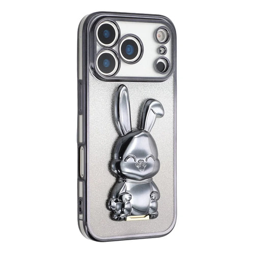 For iPhone 17 Pro Case Electroplating Glitter Rabbit PC + TPU Phone Cover with Kickstand - Black - 1