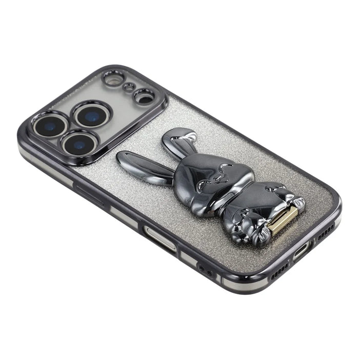 For iPhone 17 Pro Case Electroplating Glitter Rabbit PC + TPU Phone Cover with Kickstand - Black - 5