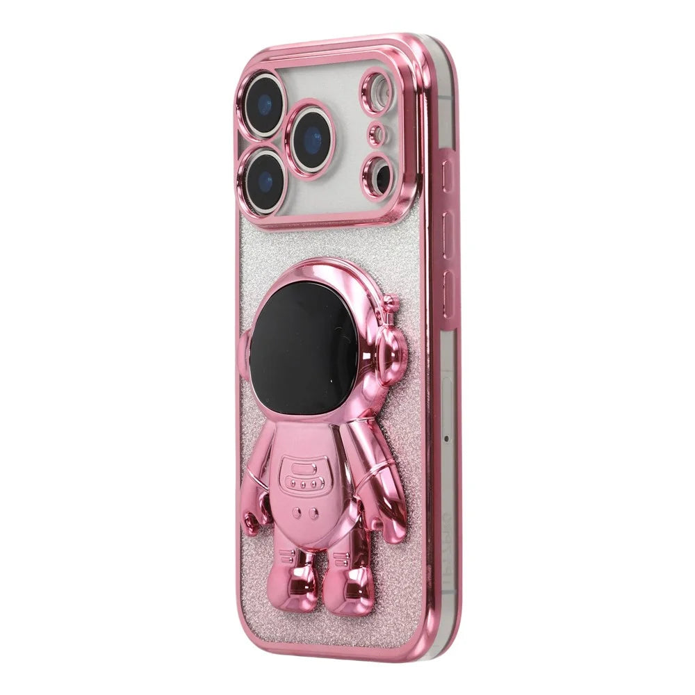 For iPhone 17 Pro Case with Astronaut Kickstand PC + TPU Phone Cover Shiny Glitter - Pink - 3