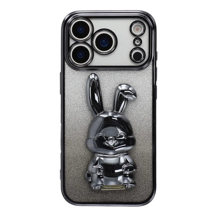 For iPhone 17 Pro Max Case Electroplating Glitter Rabbit PC + TPU Phone Cover with Kickstand - Black - 2