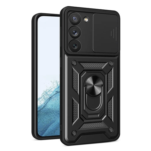 For Samsung Galaxy S23 Ring Kickstand PC + TPU Protective Cover Anti-drop Phone Case with Slide Camera Lid - Black - 1