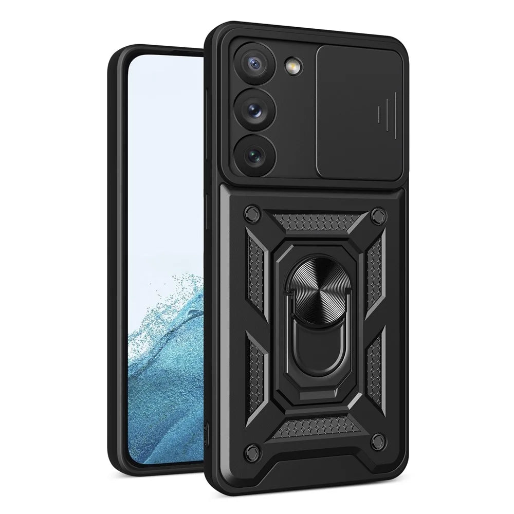 For Samsung Galaxy S23 Ring Kickstand PC + TPU Protective Cover Anti-drop Phone Case with Slide Camera Lid - Black - 1