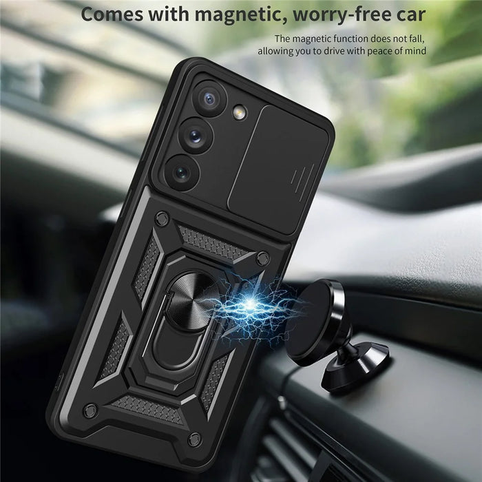 For Samsung Galaxy S23 Ring Kickstand PC + TPU Protective Cover Anti-drop Phone Case with Slide Camera Lid - Black - 4