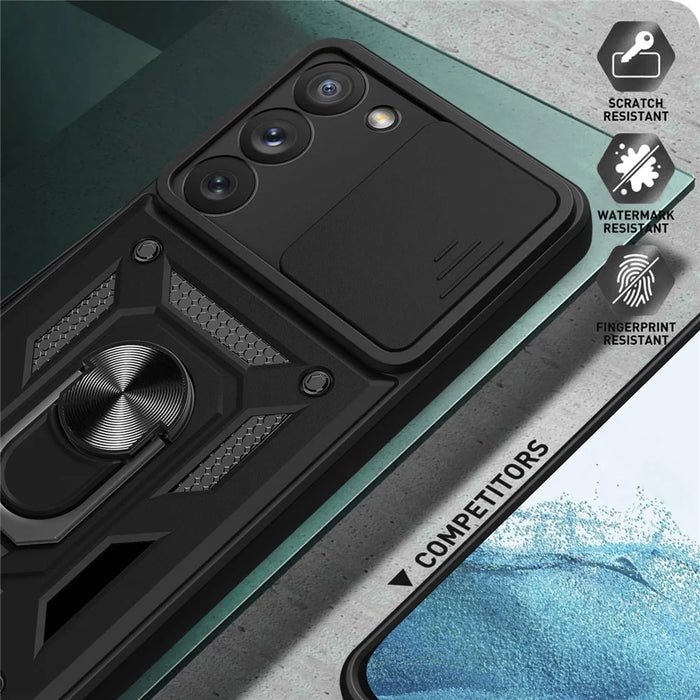 For Samsung Galaxy S23 Ring Kickstand PC + TPU Protective Cover Anti-drop Phone Case with Slide Camera Lid - Black - 5