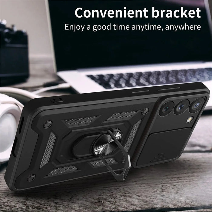 For Samsung Galaxy S23 Ring Kickstand PC + TPU Protective Cover Anti-drop Phone Case with Slide Camera Lid - Black - 7