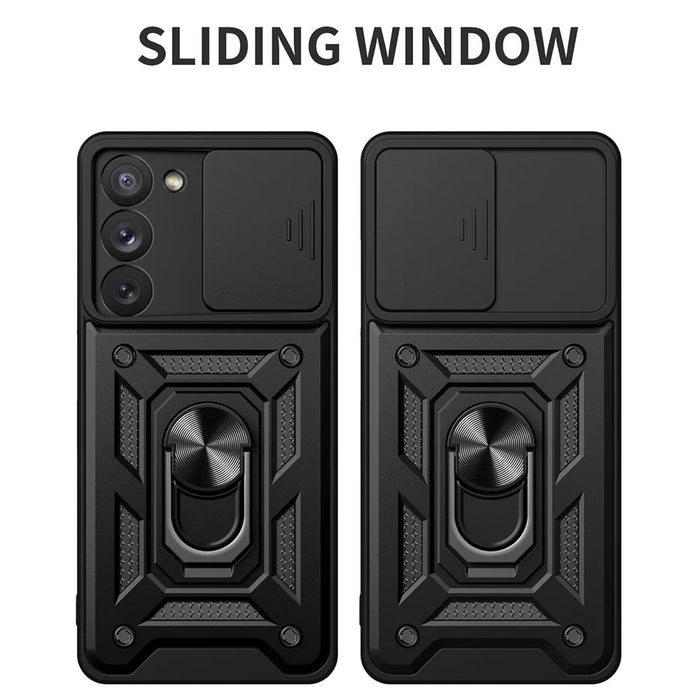 Anti-scratch Phone Case For Samsung Galaxy S23+, Ring Kickstand PC + TPU Back Cover with Slide Camera Protector - Black - 2