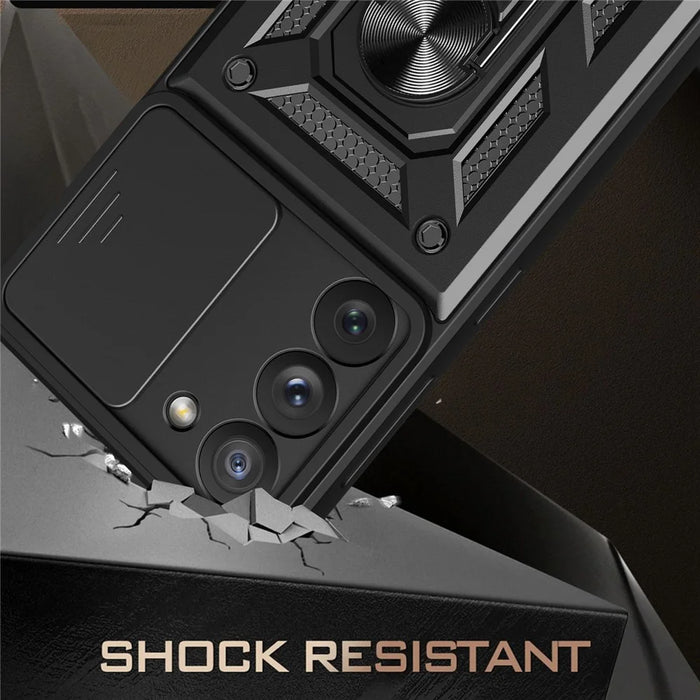 Anti-scratch Phone Case For Samsung Galaxy S23+, Ring Kickstand PC + TPU Back Cover with Slide Camera Protector - Black - 3
