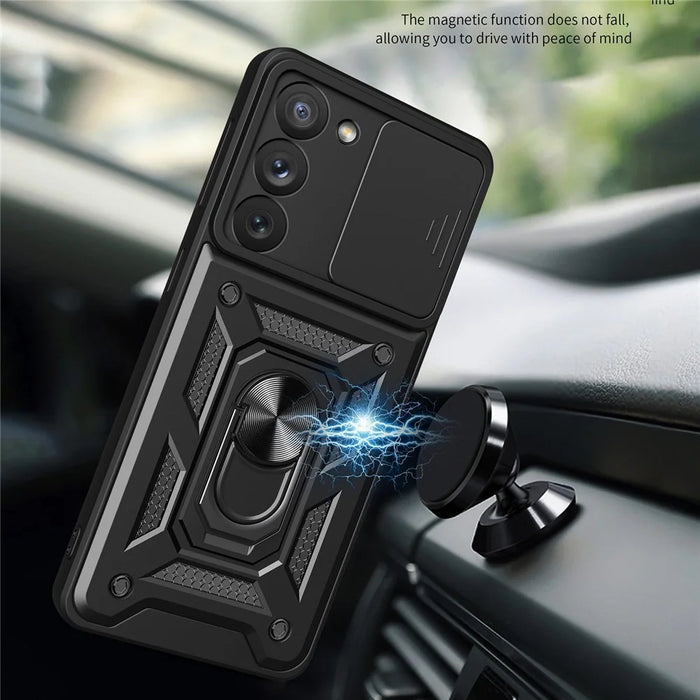 Anti-scratch Phone Case For Samsung Galaxy S23+, Ring Kickstand PC + TPU Back Cover with Slide Camera Protector - Black - 4