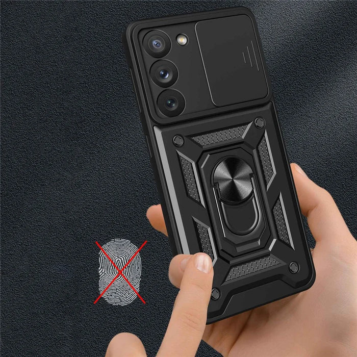 Anti-scratch Phone Case For Samsung Galaxy S23+, Ring Kickstand PC + TPU Back Cover with Slide Camera Protector - Black - 6