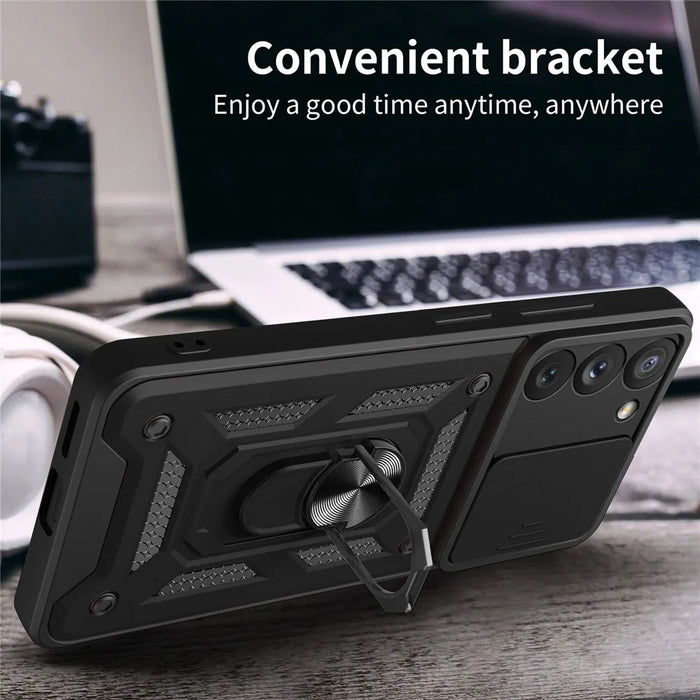 Anti-scratch Phone Case For Samsung Galaxy S23+, Ring Kickstand PC + TPU Back Cover with Slide Camera Protector - Black - 7