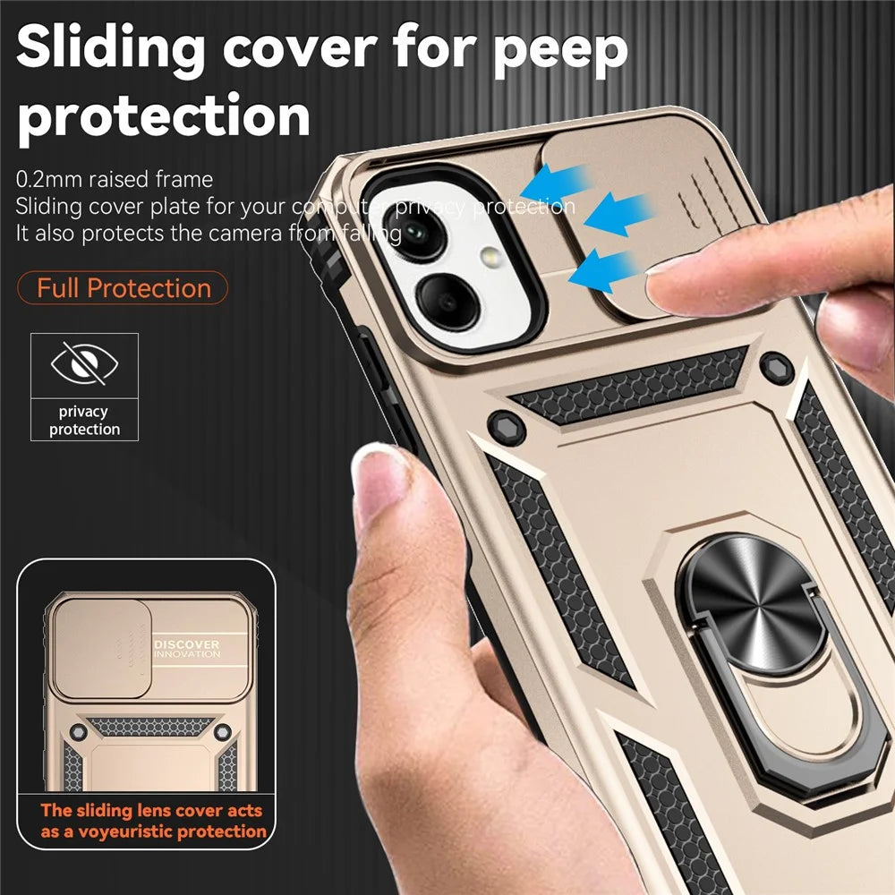 For Samsung Galaxy A08 5G / A08 4G / A07 4G / A06 4G Case PC + TPU Phone Cover with Lens Protection Kickstand - Gold - 5