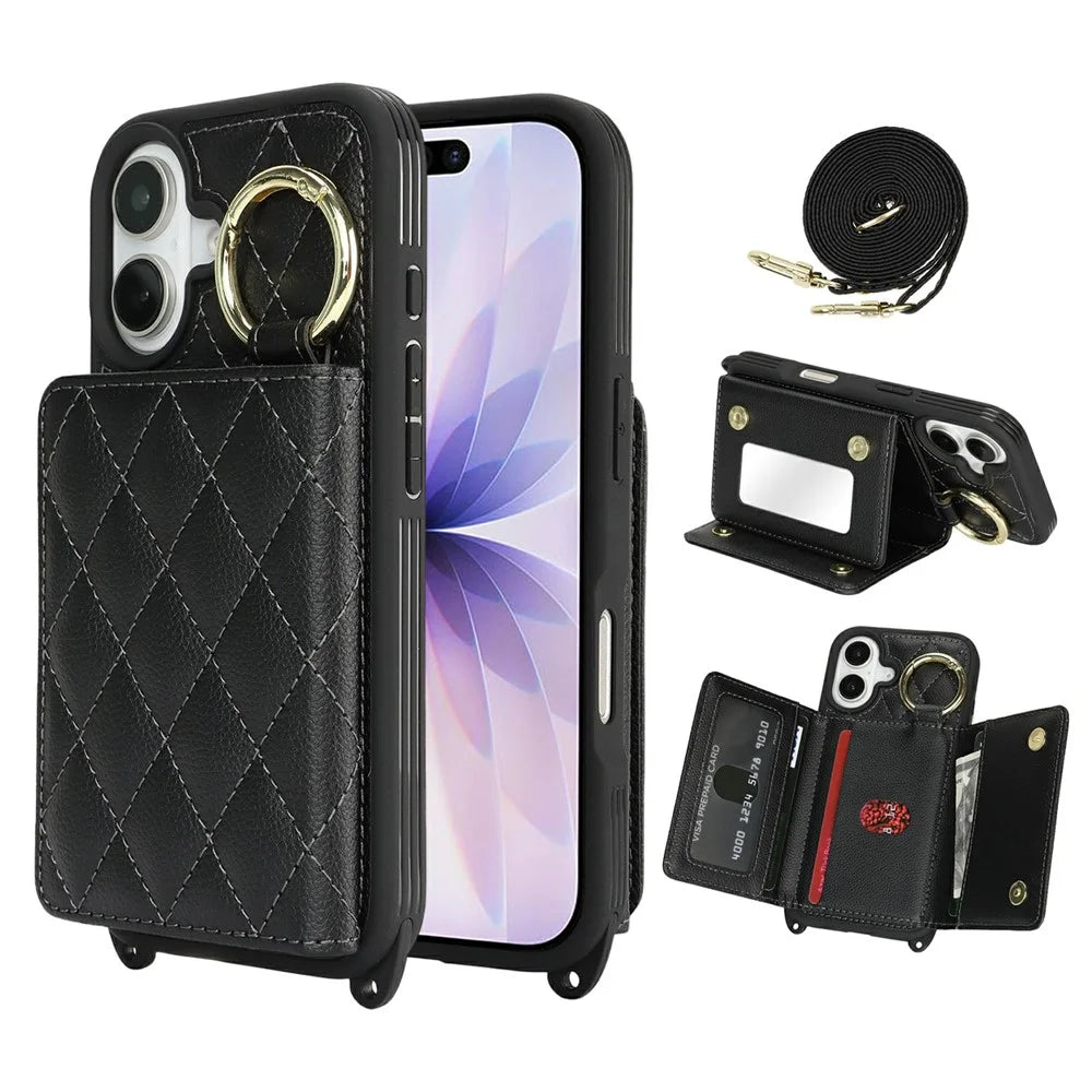 For iPhone 17 Case with Lanyard  /  Mirror  /  Card Holder Grids Pattern RFID Blocking Phone Cover - Black - 1