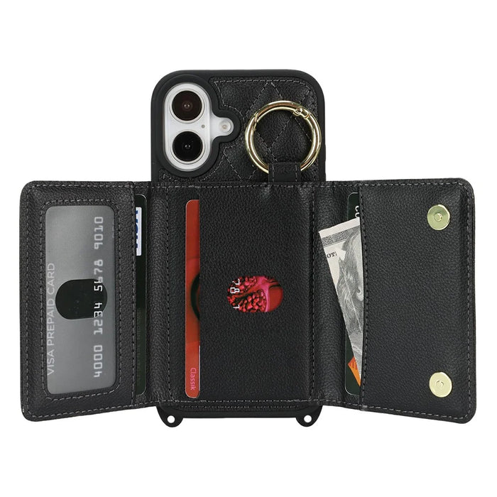 For iPhone 17 Case with Lanyard  /  Mirror  /  Card Holder Grids Pattern RFID Blocking Phone Cover - Black - 2
