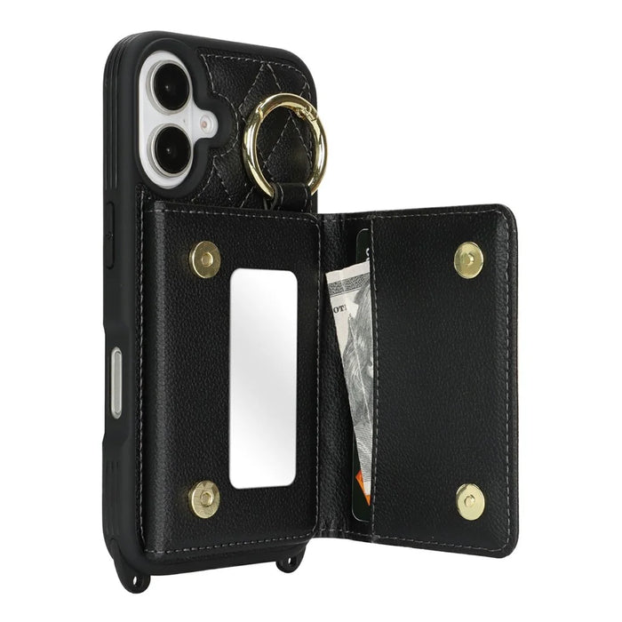 For iPhone 17 Case with Lanyard  /  Mirror  /  Card Holder Grids Pattern RFID Blocking Phone Cover - Black - 3