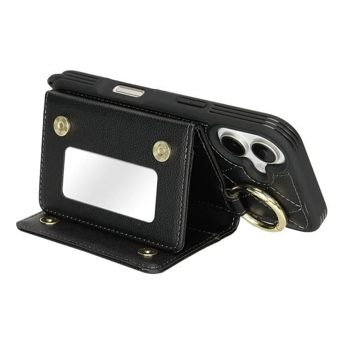 For iPhone 17 Case with Lanyard  /  Mirror  /  Card Holder Grids Pattern RFID Blocking Phone Cover - Black - 4