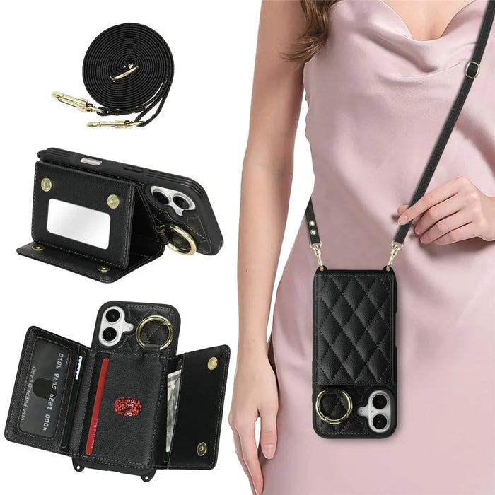 For iPhone 17 Case with Lanyard  /  Mirror  /  Card Holder Grids Pattern RFID Blocking Phone Cover - Black - 5