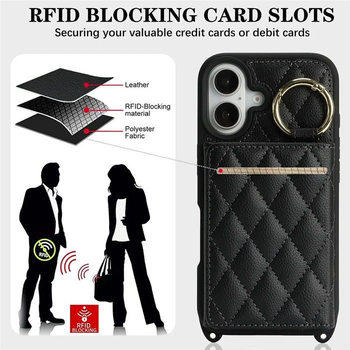 For iPhone 17 Case with Lanyard  /  Mirror  /  Card Holder Grids Pattern RFID Blocking Phone Cover - Black - 6
