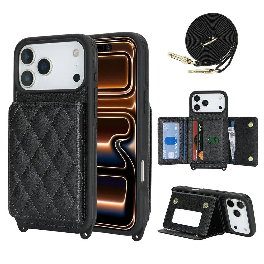 For iPhone 18 Pro / 17 Pro Case with Lanyard  /  Mirror  /  Card Holder Grids Pattern RFID Blocking Phone Cover - Black - 1