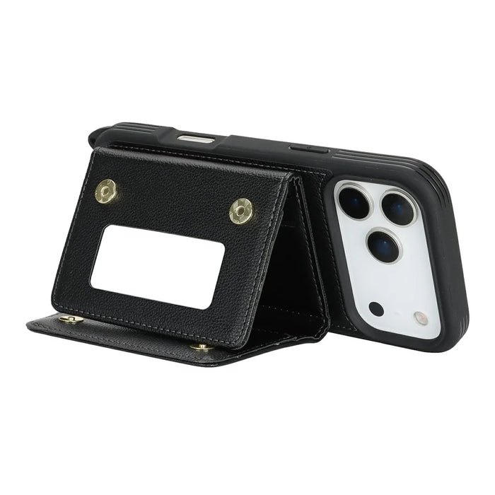 For iPhone 18 Pro / 17 Pro Case with Lanyard  /  Mirror  /  Card Holder Grids Pattern RFID Blocking Phone Cover - Black - 4