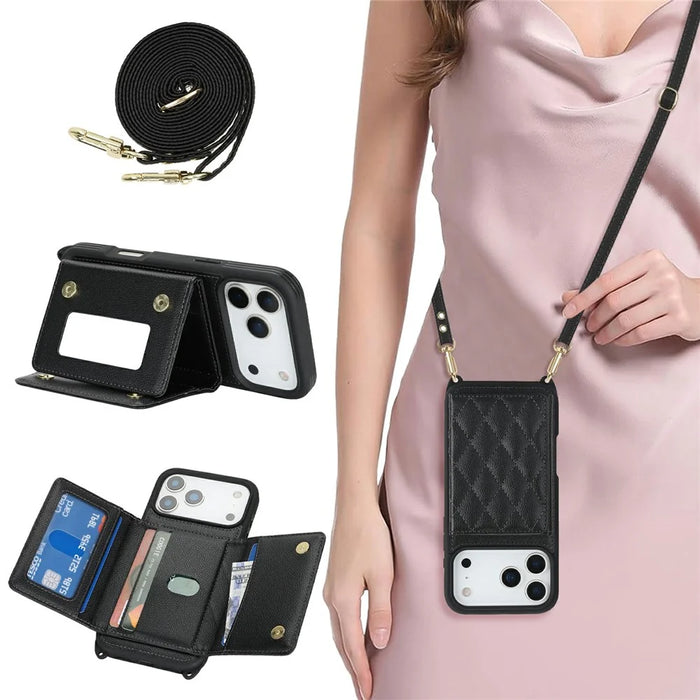 For iPhone 18 Pro / 17 Pro Case with Lanyard  /  Mirror  /  Card Holder Grids Pattern RFID Blocking Phone Cover - Black - 5