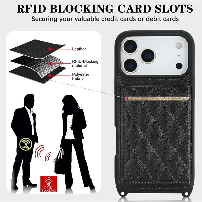 For iPhone 18 Pro / 17 Pro Case with Lanyard  /  Mirror  /  Card Holder Grids Pattern RFID Blocking Phone Cover - Black - 6